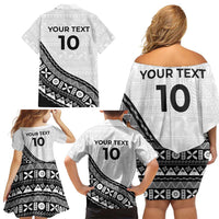 Custom Fijian Rugby Family Matching Off Shoulder Short Dress and Hawaiian Shirt Tapa Pattern and Palm Tree Tribal LT03 - Polynesian Pride