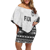 Custom Fijian Rugby Family Matching Off Shoulder Short Dress and Hawaiian Shirt Tapa Pattern and Palm Tree Tribal LT03 Mom's Dress White - Polynesian Pride