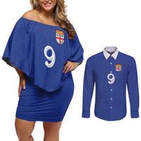 Custom Fijian Football Couples Matching Off Shoulder Short Dress and Long Sleeve Button Shirt Tapa Pattern and Shark Tribal