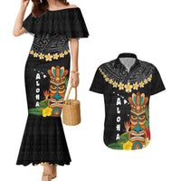 Hawaii Plumeria Lei Couples Matching Mermaid Dress and Hawaiian Shirt Tiki and Kakau Pattern Black Color LT03 Black - Polynesian Pride