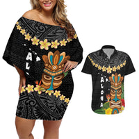 Hawaii Plumeria Lei Couples Matching Off Shoulder Short Dress and Hawaiian Shirt Tiki and Kakau Pattern Black Color LT03 Black - Polynesian Pride