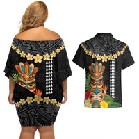 Hawaii Plumeria Lei Couples Matching Off Shoulder Short Dress and Hawaiian Shirt Tiki and Kakau Pattern Black Color LT03 - Polynesian Pride