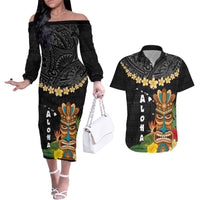 Hawaii Plumeria Lei Couples Matching Off The Shoulder Long Sleeve Dress and Hawaiian Shirt Tiki and Kakau Pattern Black Color LT03 Black - Polynesian Pride