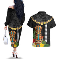 Hawaii Plumeria Lei Couples Matching Off The Shoulder Long Sleeve Dress and Hawaiian Shirt Tiki and Kakau Pattern Black Color LT03 - Polynesian Pride