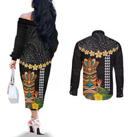Hawaii Plumeria Lei Couples Matching Off The Shoulder Long Sleeve Dress and Long Sleeve Button Shirt Tiki and Kakau Pattern Black Color