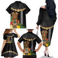 Hawaii Plumeria Lei Family Matching Off The Shoulder Long Sleeve Dress and Hawaiian Shirt Tiki and Kakau Pattern Black Color LT03 - Polynesian Pride