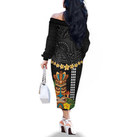 Hawaii Plumeria Lei Family Matching Off The Shoulder Long Sleeve Dress and Hawaiian Shirt Tiki and Kakau Pattern Black Color LT03 - Polynesian Pride