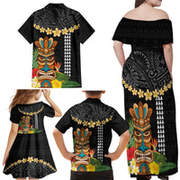 Hawaii Plumeria Lei Family Matching Off Shoulder Maxi Dress and Hawaiian Shirt Tiki and Kakau Pattern Black Color LT03 - Polynesian Pride