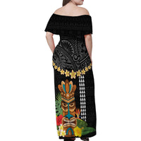 Hawaii Plumeria Lei Family Matching Off Shoulder Maxi Dress and Hawaiian Shirt Tiki and Kakau Pattern Black Color LT03 - Polynesian Pride