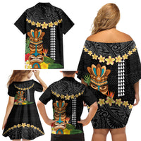 Hawaii Plumeria Lei Family Matching Off Shoulder Short Dress and Hawaiian Shirt Tiki and Kakau Pattern Black Color LT03 - Polynesian Pride