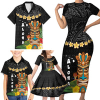 Hawaii Plumeria Lei Family Matching Short Sleeve Bodycon Dress and Hawaiian Shirt Tiki and Kakau Pattern Black Color LT03 - Polynesian Pride