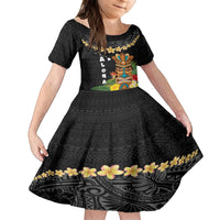 Hawaii Plumeria Lei Family Matching Summer Maxi Dress and Hawaiian Shirt Tiki and Kakau Pattern Black Color LT03 Daughter's Dress Black - Polynesian Pride