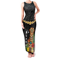 Hawaii Plumeria Lei Family Matching Tank Maxi Dress and Hawaiian Shirt Tiki and Kakau Pattern Black Color LT03 Mom's Dress Black - Polynesian Pride