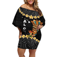Hawaii Plumeria Lei Off Shoulder Short Dress Tiki and Kakau Pattern Black Color LT03 Women Black - Polynesian Pride
