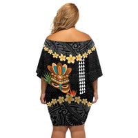Hawaii Plumeria Lei Off Shoulder Short Dress Tiki and Kakau Pattern Black Color LT03 - Polynesian Pride