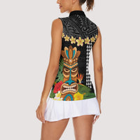 Hawaii Plumeria Lei Women Sleeveless Polo Shirt Tiki and Kakau Pattern Black Color