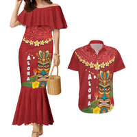 Hawaii Plumeria Lei Couples Matching Mermaid Dress and Hawaiian Shirt Tiki and Kakau Pattern Red Color LT03 Red - Polynesian Pride
