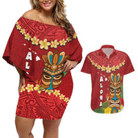 Hawaii Plumeria Lei Couples Matching Off Shoulder Short Dress and Hawaiian Shirt Tiki and Kakau Pattern Red Color LT03 Red - Polynesian Pride