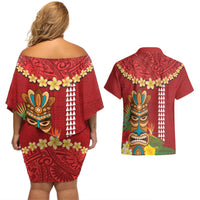 Hawaii Plumeria Lei Couples Matching Off Shoulder Short Dress and Hawaiian Shirt Tiki and Kakau Pattern Red Color LT03 - Polynesian Pride