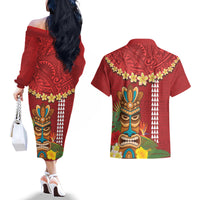 Hawaii Plumeria Lei Couples Matching Off The Shoulder Long Sleeve Dress and Hawaiian Shirt Tiki and Kakau Pattern Red Color LT03 - Polynesian Pride