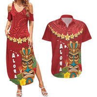 Hawaii Plumeria Lei Couples Matching Summer Maxi Dress and Hawaiian Shirt Tiki and Kakau Pattern Red Color LT03 Red - Polynesian Pride