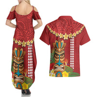 Hawaii Plumeria Lei Couples Matching Summer Maxi Dress and Hawaiian Shirt Tiki and Kakau Pattern Red Color LT03 - Polynesian Pride