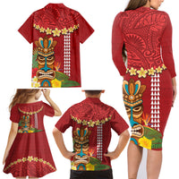 Hawaii Plumeria Lei Family Matching Long Sleeve Bodycon Dress and Hawaiian Shirt Tiki and Kakau Pattern Red Color LT03 - Polynesian Pride