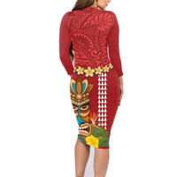 Hawaii Plumeria Lei Family Matching Long Sleeve Bodycon Dress and Hawaiian Shirt Tiki and Kakau Pattern Red Color LT03 - Polynesian Pride