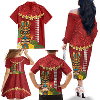 Hawaii Plumeria Lei Family Matching Off The Shoulder Long Sleeve Dress and Hawaiian Shirt Tiki and Kakau Pattern Red Color LT03 - Polynesian Pride
