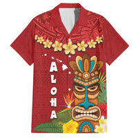 Hawaii Plumeria Lei Family Matching Off Shoulder Maxi Dress and Hawaiian Shirt Tiki and Kakau Pattern Red Color LT03 Dad's Shirt - Short Sleeve Red - Polynesian Pride