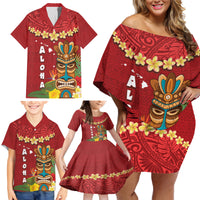 Hawaii Plumeria Lei Family Matching Off Shoulder Short Dress and Hawaiian Shirt Tiki and Kakau Pattern Red Color LT03 - Polynesian Pride