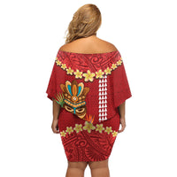 Hawaii Plumeria Lei Family Matching Off Shoulder Short Dress and Hawaiian Shirt Tiki and Kakau Pattern Red Color LT03 - Polynesian Pride