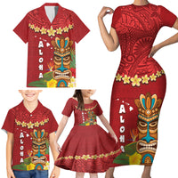 Hawaii Plumeria Lei Family Matching Short Sleeve Bodycon Dress and Hawaiian Shirt Tiki and Kakau Pattern Red Color LT03 - Polynesian Pride