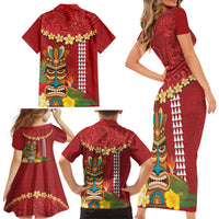 Hawaii Plumeria Lei Family Matching Short Sleeve Bodycon Dress and Hawaiian Shirt Tiki and Kakau Pattern Red Color LT03 - Polynesian Pride