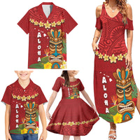 Hawaii Plumeria Lei Family Matching Summer Maxi Dress and Hawaiian Shirt Tiki and Kakau Pattern Red Color LT03 - Polynesian Pride