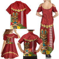 Hawaii Plumeria Lei Family Matching Summer Maxi Dress and Hawaiian Shirt Tiki and Kakau Pattern Red Color LT03 - Polynesian Pride