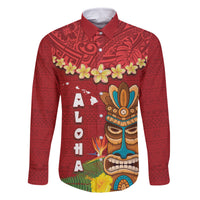 Hawaii Plumeria Lei Family Matching Tank Maxi Dress and Hawaiian Shirt Tiki and Kakau Pattern Red Color LT03 Dad's Shirt - Long Sleeve Red - Polynesian Pride