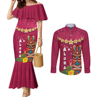 Hawaii Plumeria Lei Couples Matching Mermaid Dress and Long Sleeve Button Shirt Tiki and Kakau Pattern Pink Color LT03 Pink - Polynesian Pride