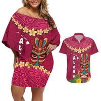 Hawaii Plumeria Lei Couples Matching Off Shoulder Short Dress and Hawaiian Shirt Tiki and Kakau Pattern Pink Color LT03 Pink - Polynesian Pride