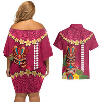 Hawaii Plumeria Lei Couples Matching Off Shoulder Short Dress and Hawaiian Shirt Tiki and Kakau Pattern Pink Color LT03 - Polynesian Pride