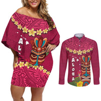 Hawaii Plumeria Lei Couples Matching Off Shoulder Short Dress and Long Sleeve Button Shirt Tiki and Kakau Pattern Pink Color LT03 Pink - Polynesian Pride
