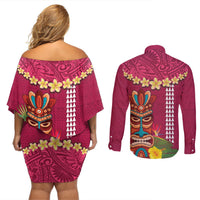 Hawaii Plumeria Lei Couples Matching Off Shoulder Short Dress and Long Sleeve Button Shirt Tiki and Kakau Pattern Pink Color LT03 - Polynesian Pride