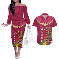 Hawaii Plumeria Lei Couples Matching Off The Shoulder Long Sleeve Dress and Hawaiian Shirt Tiki and Kakau Pattern Pink Color LT03 Pink - Polynesian Pride