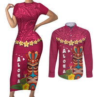Hawaii Plumeria Lei Couples Matching Short Sleeve Bodycon Dress and Long Sleeve Button Shirt Tiki and Kakau Pattern Pink Color