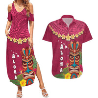 Hawaii Plumeria Lei Couples Matching Summer Maxi Dress and Hawaiian Shirt Tiki and Kakau Pattern Pink Color LT03 Pink - Polynesian Pride