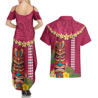Hawaii Plumeria Lei Couples Matching Summer Maxi Dress and Hawaiian Shirt Tiki and Kakau Pattern Pink Color LT03 - Polynesian Pride