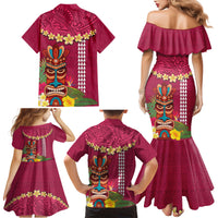 Hawaii Plumeria Lei Family Matching Mermaid Dress and Hawaiian Shirt Tiki and Kakau Pattern Pink Color LT03 - Polynesian Pride