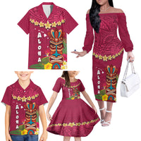 Hawaii Plumeria Lei Family Matching Off The Shoulder Long Sleeve Dress and Hawaiian Shirt Tiki and Kakau Pattern Pink Color LT03 - Polynesian Pride