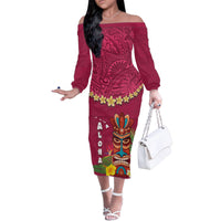 Hawaii Plumeria Lei Family Matching Off The Shoulder Long Sleeve Dress and Hawaiian Shirt Tiki and Kakau Pattern Pink Color LT03 Mom's Dress Pink - Polynesian Pride