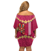 Hawaii Plumeria Lei Family Matching Off Shoulder Short Dress and Hawaiian Shirt Tiki and Kakau Pattern Pink Color LT03 - Polynesian Pride